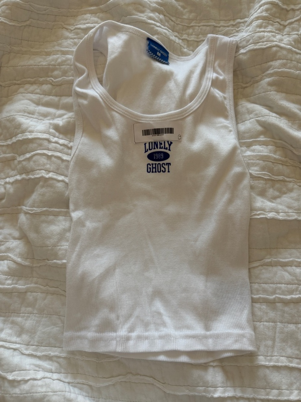 LONELY GHOST White Ribbed Tank with Blue Logo